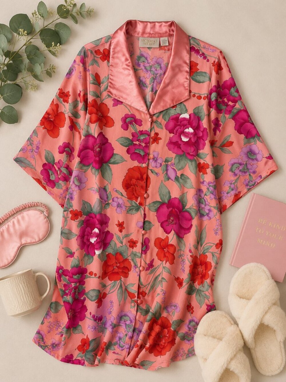 Vintage Victoria's Secret Floral Satin Collar Sleep Shirt Pink M/L Button Front